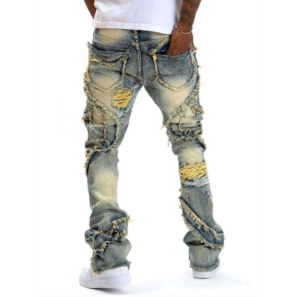 2025 New European and American men's casual jeans, street punk fashion, retro, ripped hole, slightly flared tassel elastic jeans