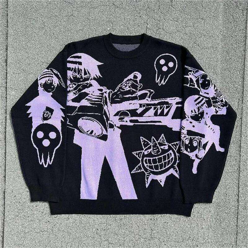 Haruku fashion men's women's couple fall and winter sweater Y2K retro 90s gothic fitted round neck tops clothing 2023 new