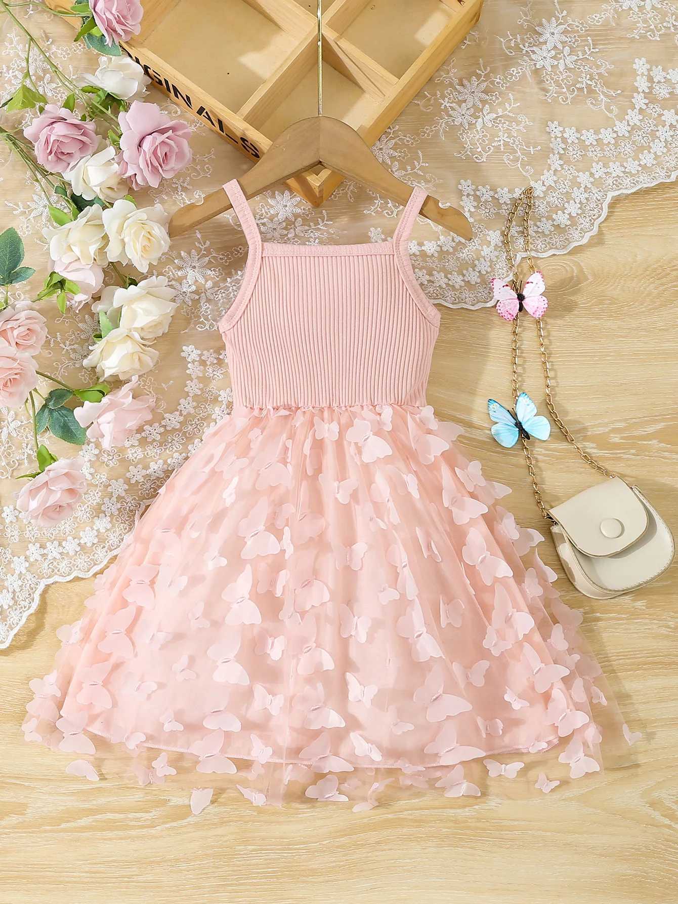 Summer Toddler Kids Girls Clothes Babys Butterfly Decor Mesh Splicing Cami Dress Elegant Sleeveless Princess Dress W250811