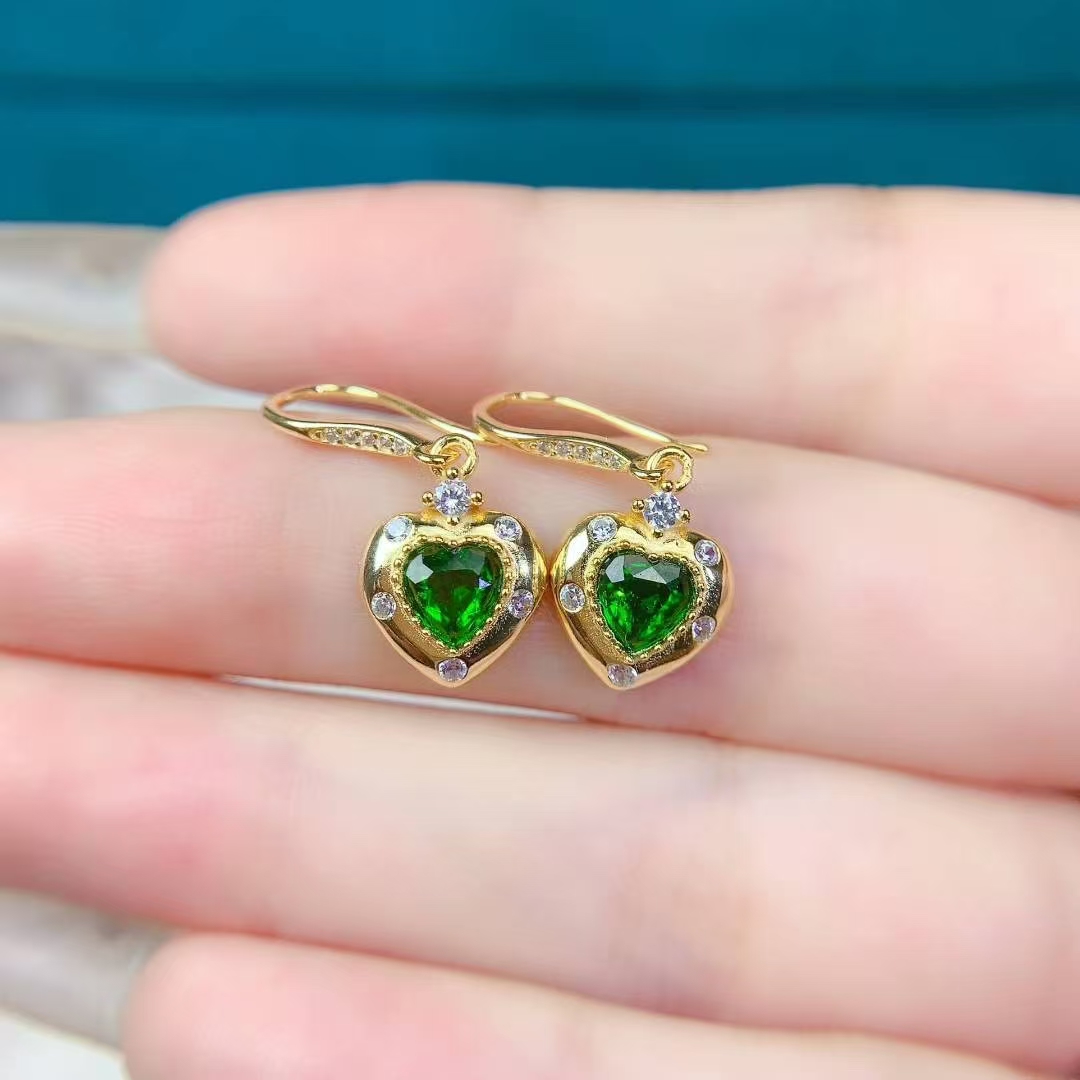 Natural Diopside Drop Earrings 5mm hear shape diopside 925 silver earirngs with 18K gold plating allergy free