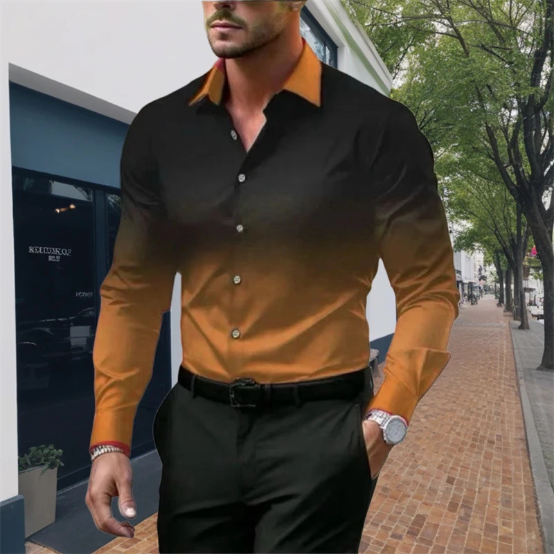 Mens Long Sleeve Men's long shirt with gradient color digital print casual slim lapel long-sleeved shirt thin men's shirt European code: S-3