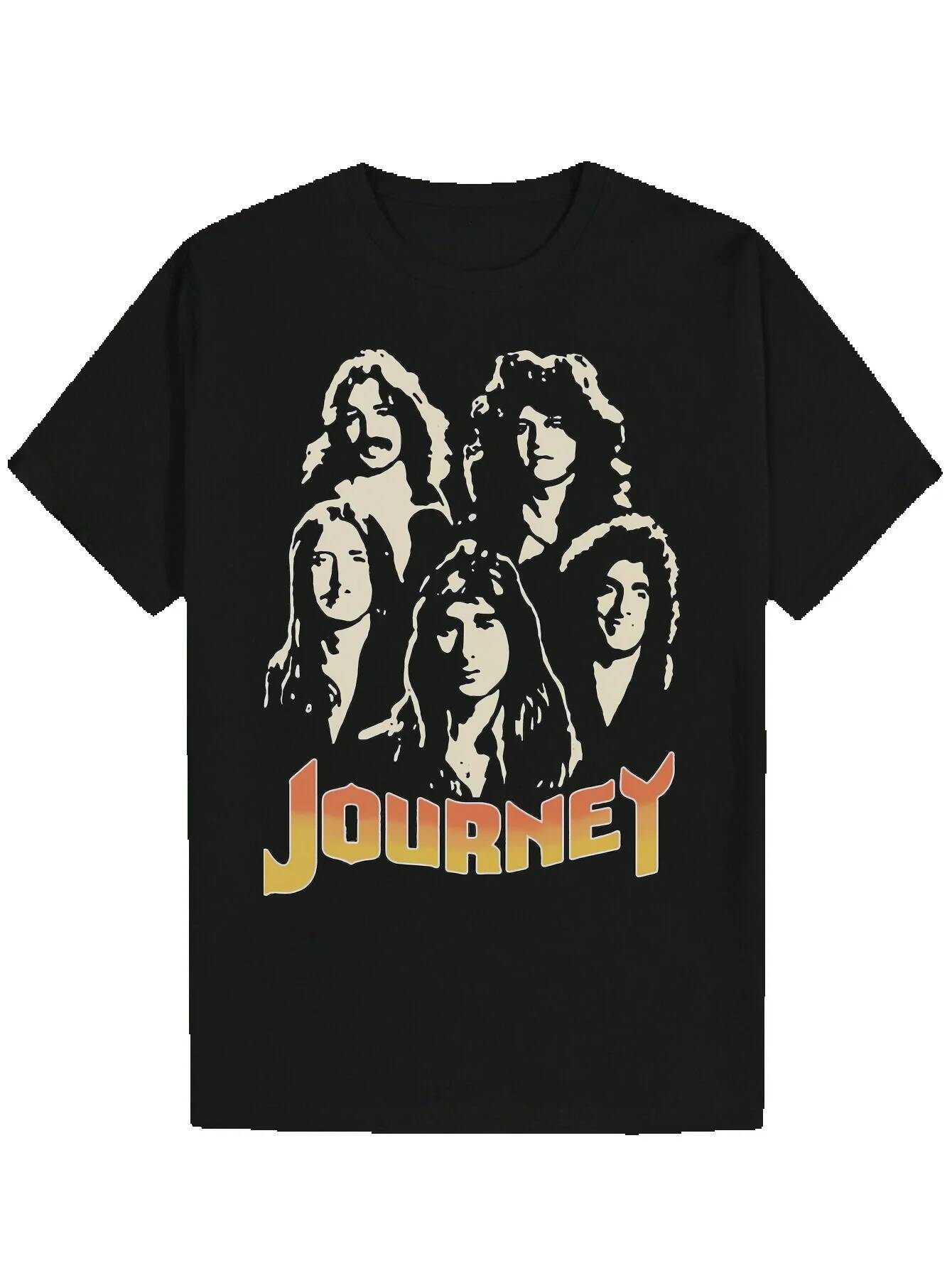 Men's Summer - 'Journey' Design, Black Crew Neck with Colorful Band Member Illustrations, Lightweight and Breathable, Suitable for Casu