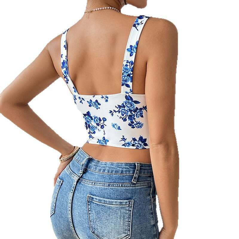 Sexy with Floral Print Slim Fit New Strap Top Hot Girl Fishbone Bra Vest