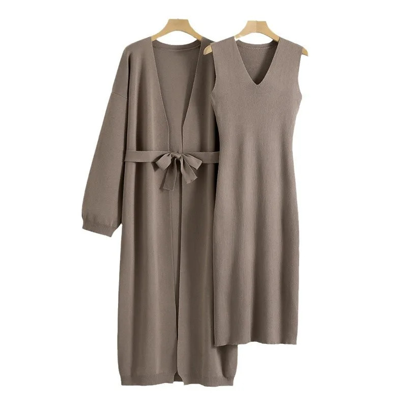 Knitted 2 Piece Sets Women Fashion Cardigan Long Dress Matching Set Casual Autumn Winter Clothing Womens Outfits Suit 250811