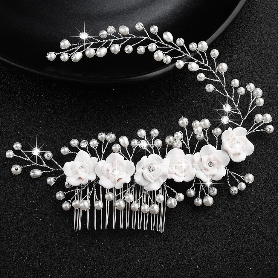 Bridal Hair Comb Pearl Tiaras for Women Crystal Flower Hairpin Clip Girl Party Wedding Accessories Marriage Head Jewelry 250804