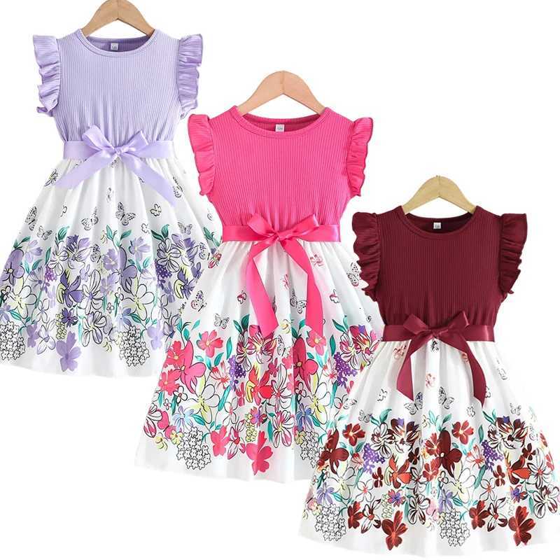 2025 Girls Summer Print Flower Spliced 2-10 Years Baby Girl Floral Princess Summer Dress with Ruffled Sleeves W250811