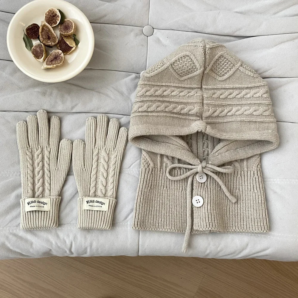 Knitted Balaclava Hat Winter Warm Thicken Cashmere Scarf Set Shawl Split Finger Gloves Wool Pullover Hat Accessories 250808