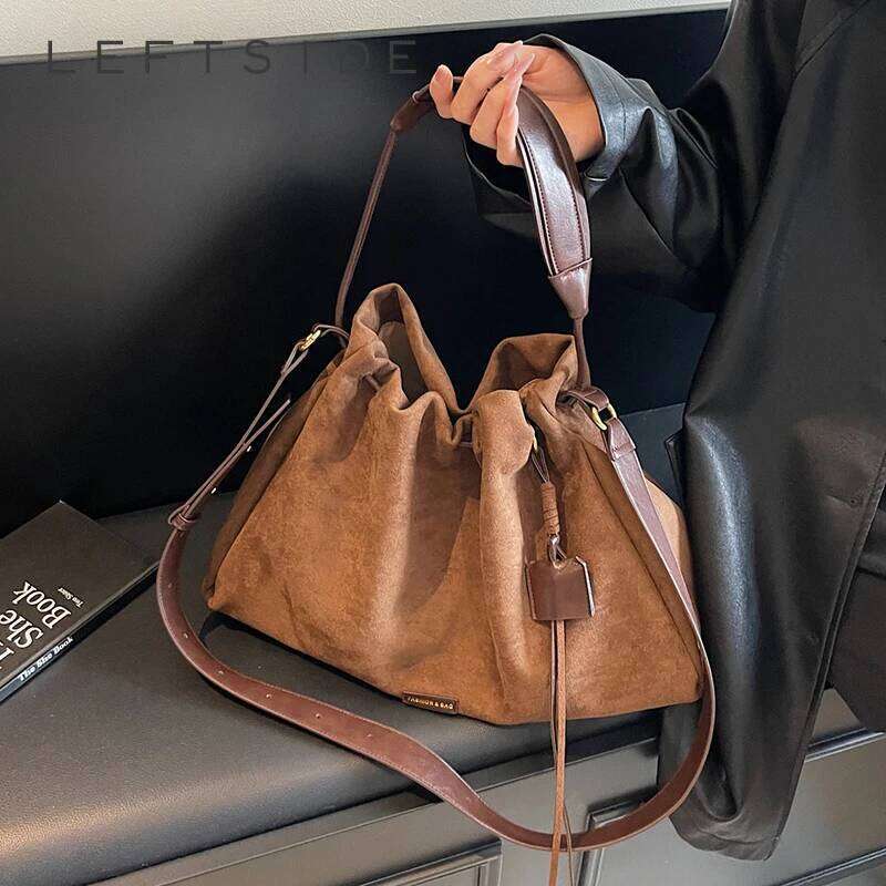 LEFTSIDE Retro Frosted Veet Leather Large Bucket Bags for Women 2025 Winter Female Shoulder Females Crossbody Bag Handbags