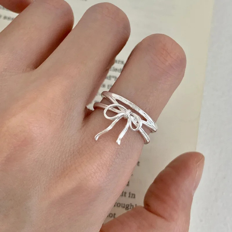 925 Sterling Silver Simple Ring For Women Fine Jewelry Finger Adjustable Open Vintage Tassel Bow Ring For Party Birthday Gift 250805