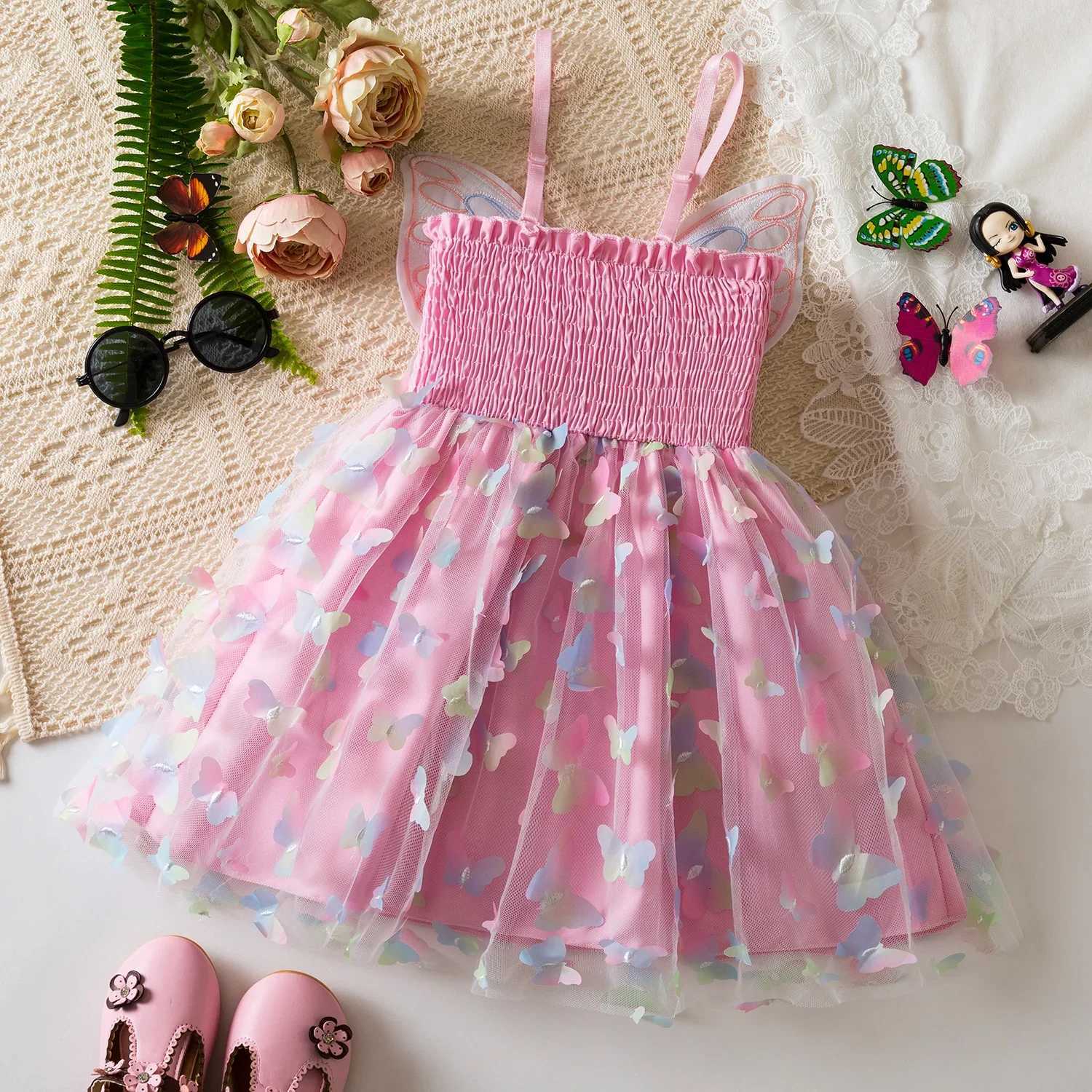 Fairy Butterfly Dress for Girls Sling Tulle Wrinkle Dresses Kids Birthday and Weddings Dress with Rainbow Butterfly for 2-6 Years W250811