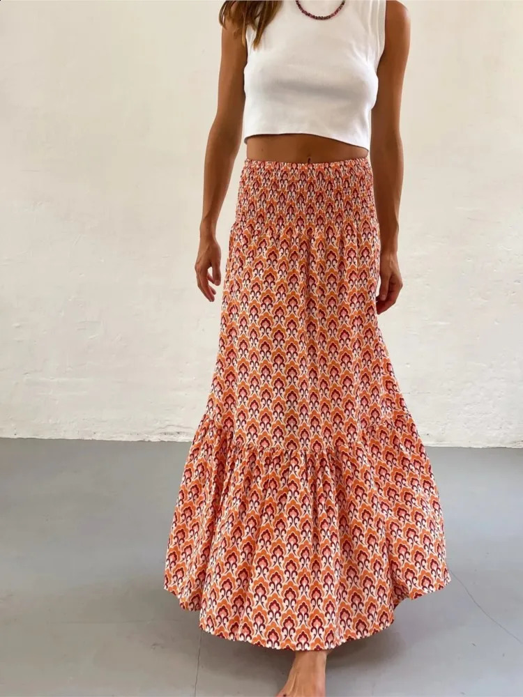 Womens Casual Boho Skirts Spring Summer Fashion Vintage Loose Elastic Waist Floral Print Ethenic Style Beach Maxi Skirt 250809