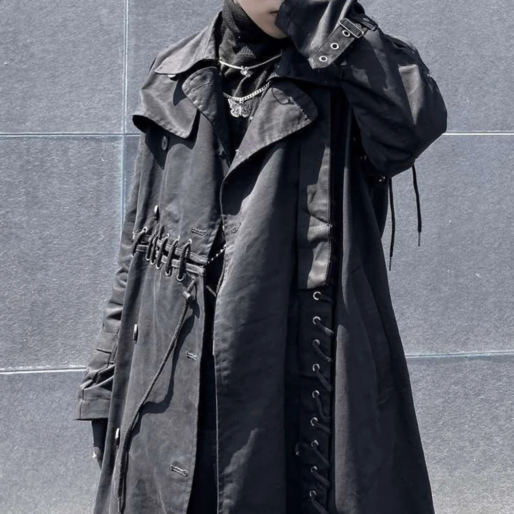 Mens Harajuku Rope Splicing Dark Style MidLength Casual Jacket Genderless Autumn Winter Japanese Solid Color Windbreaker Unisex 250804