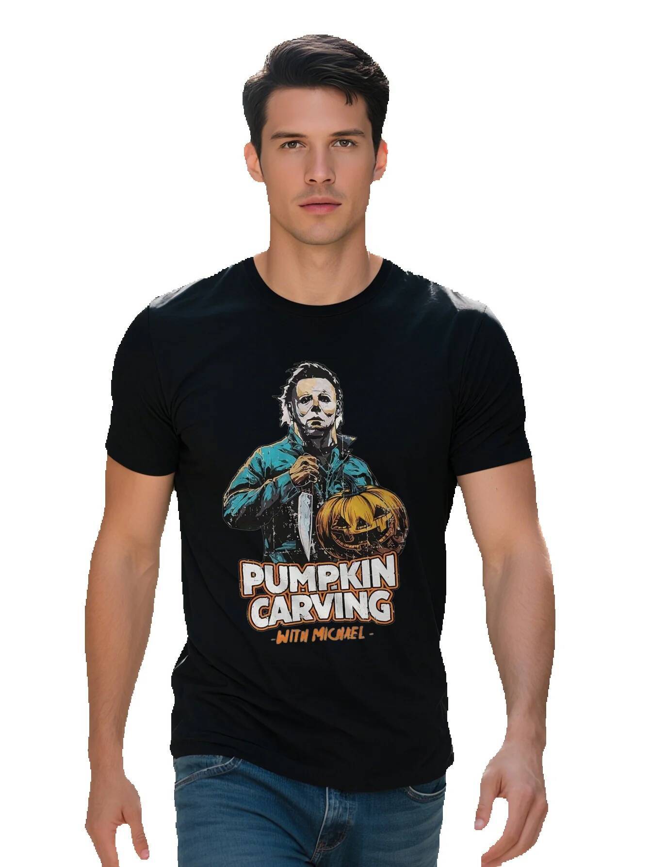 Halloween Horror Movie Short Sleeve Pumpkin Carving Men's T-shirt Costume Party Tee Shirt c50b3