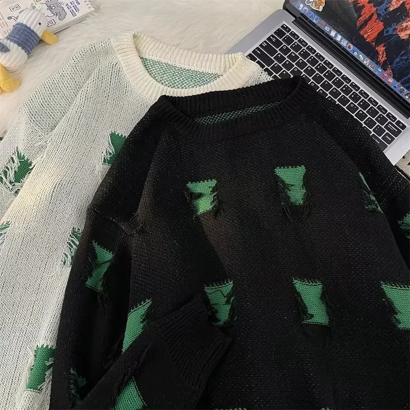 Ripped Crewneck Sweater For Men High Street Patchwork Knitted Jumpers Y2K Vintage Christmas Knitwear Pullovers 250805