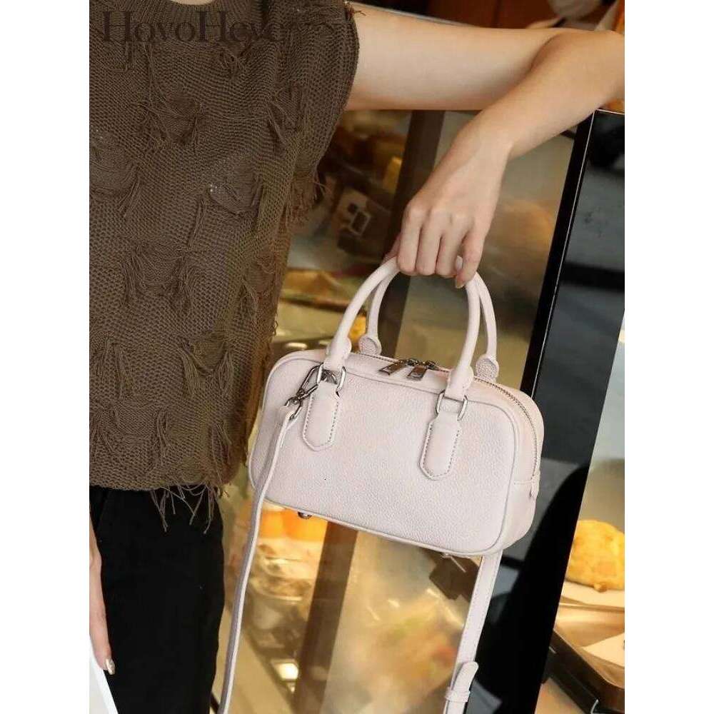 Women Fashion Cowskin Genuine Leather Boston Bag Solid Color Designer Single Shoulder Crossbody Bags Office Ladies Tote Handbag
