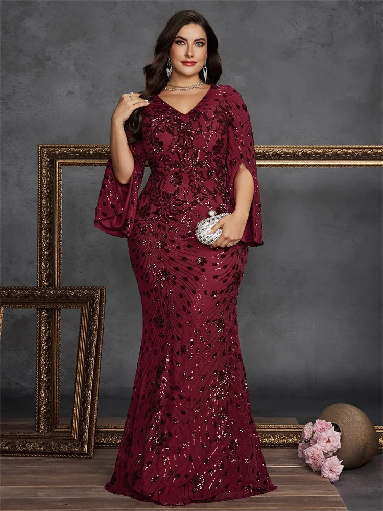 BLUEPLUM Plus Size y Black Evening Dresses Women Long Sleeve Mermaid Formal Sequins Prom Wedding Party Cocktail Gowns 250811