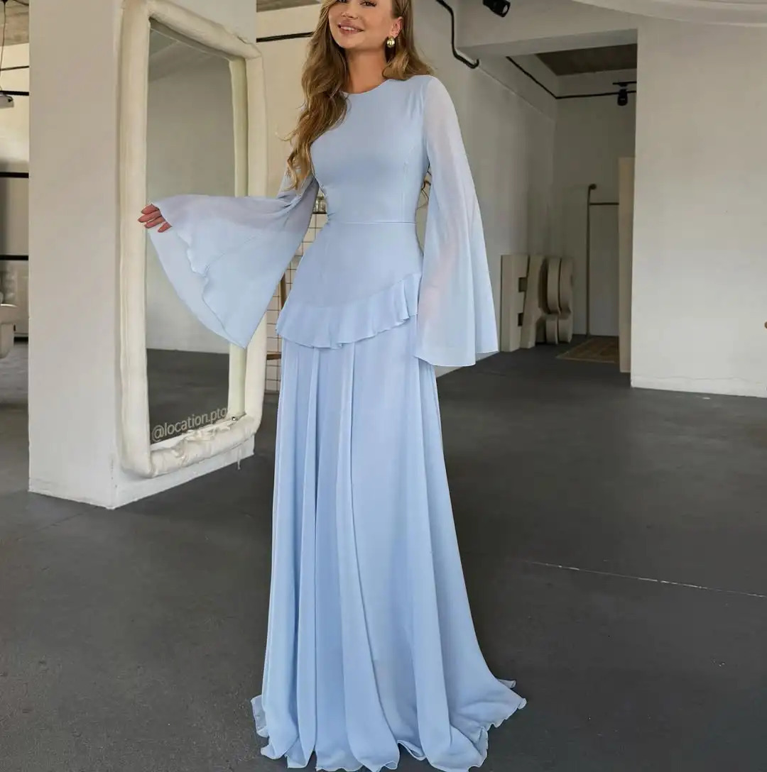 Summer Ruffles Flowy Scoop Prom Dress Saudi Arabia n Long Sleeves Tulle Evening Wedding Formal Party Gown Elegant 250811