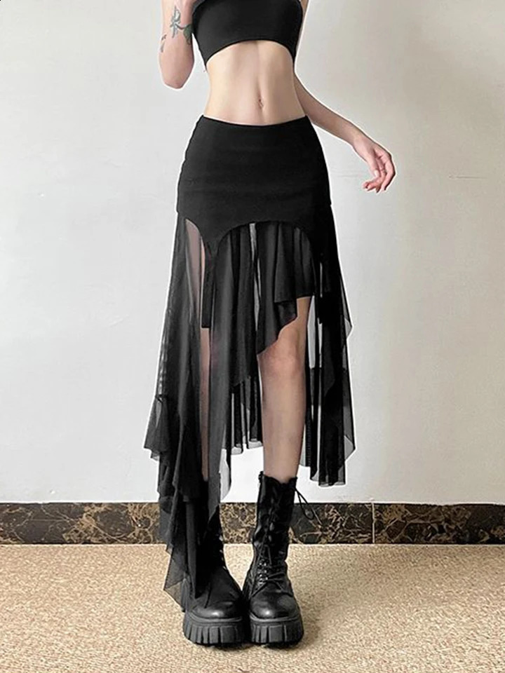 Zoki Sexy Irregular Y2K Skirts Women Vintage American High Waist Slim Slit Long Skirt Casual Lady Streetwear Retro Summer Skirts 250809