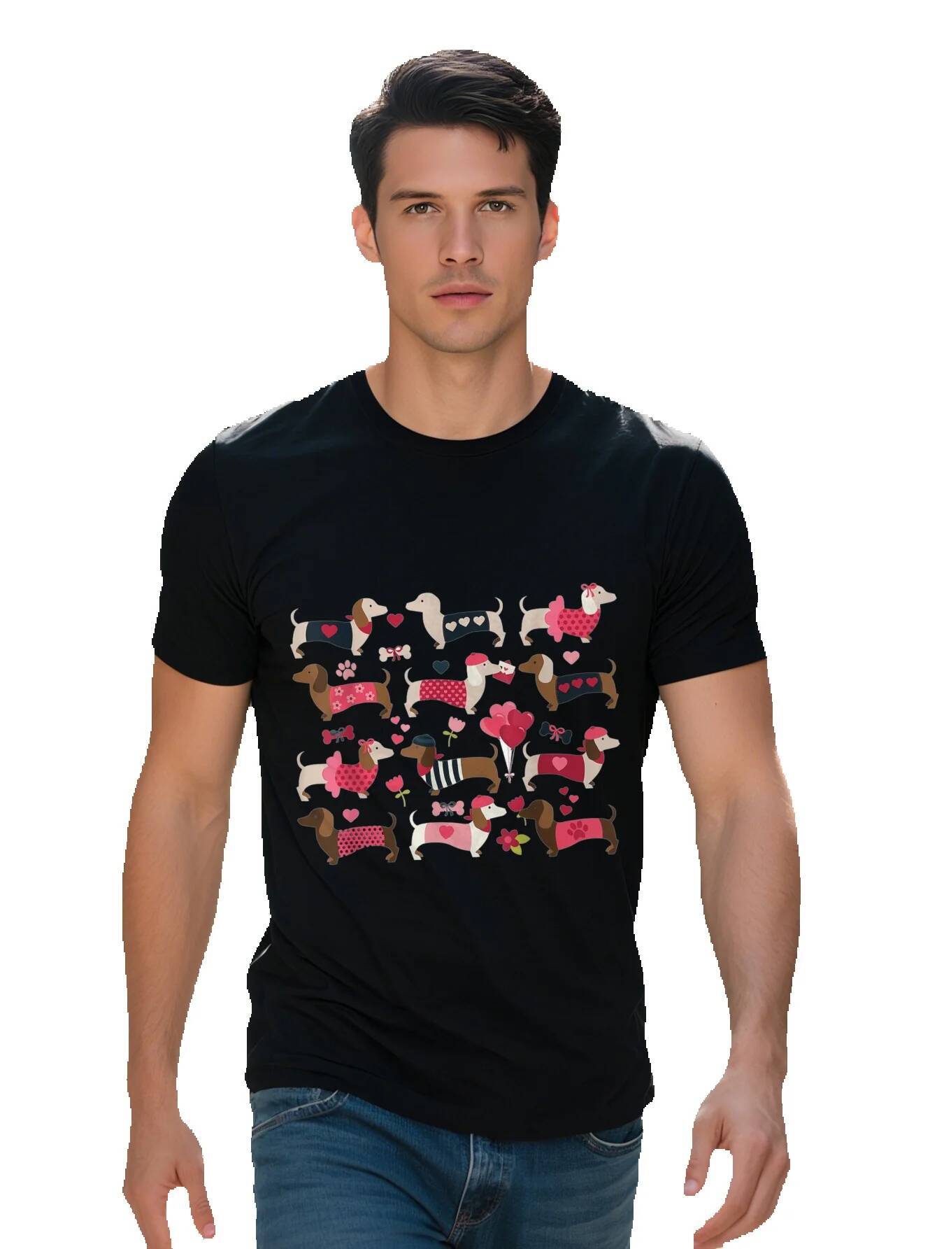 Men s Cotton T Shirt with Playful Dachshund Heart Balloons Design Casual Crew Neck Short Sleeve f37a6