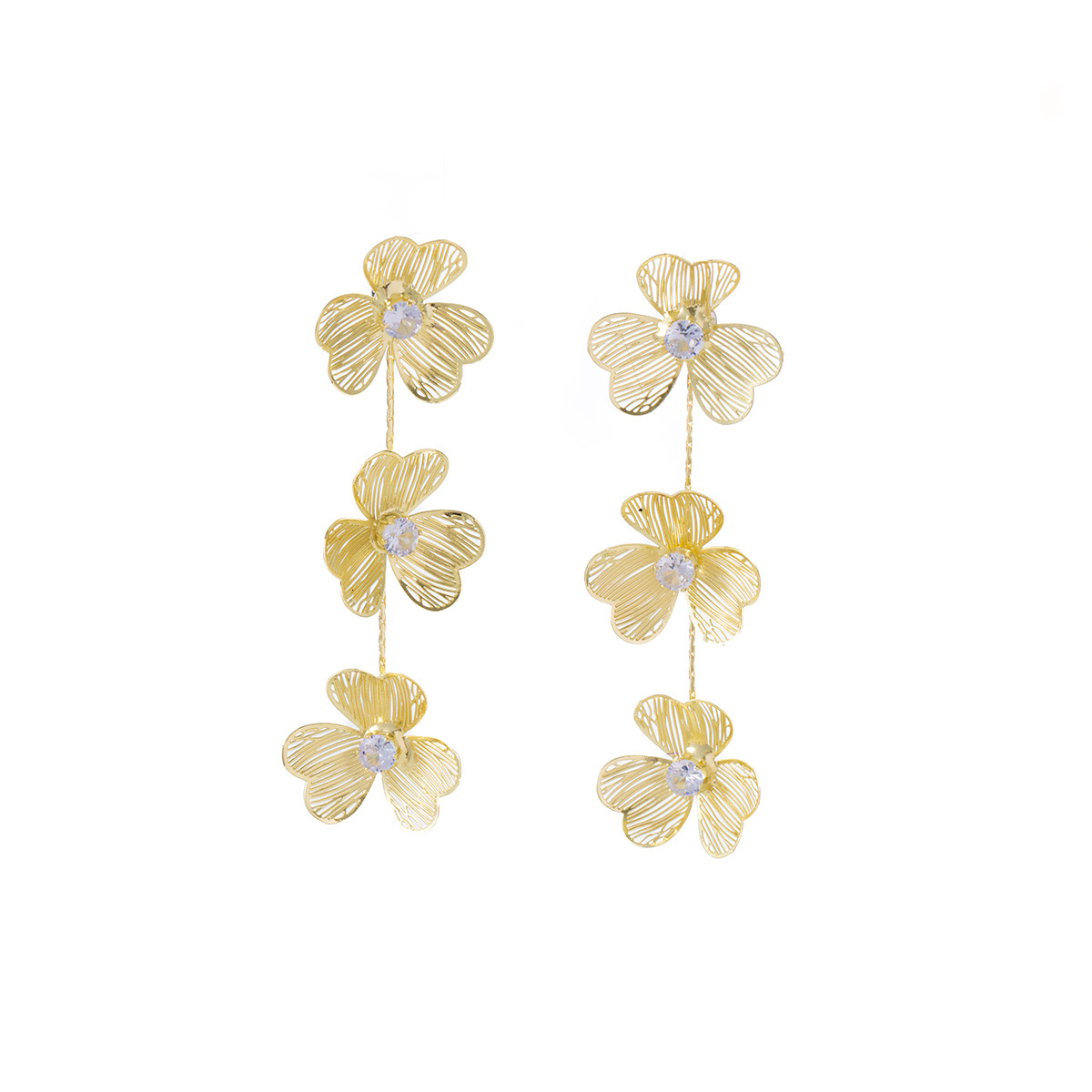 Golden Hollow Inlaid Dia Clover Tassel High-End Light Niche Fashion Elegant Exquisite Statement Earrings