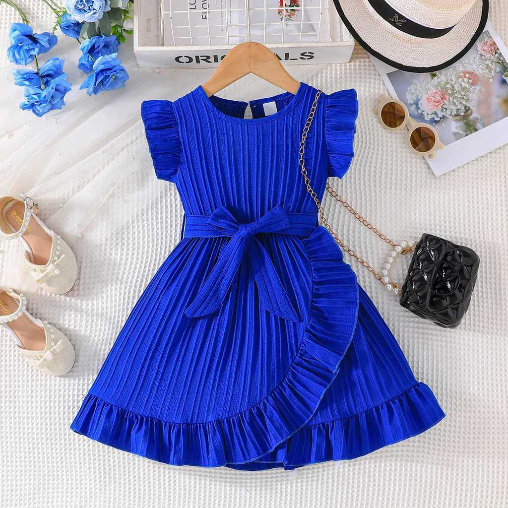 Summer Kids Dresses for Girls Ruffle Sleeve Birthday Party Clothes Solid Color Sweet Princess Dress Children Holiday Wear 3-8 Years W250811