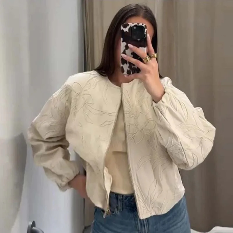 YENKYE Women O Neck Long Sleeve Embroidery Jacket Front Zipper Loose Crop Bomber Outerwear Lady Commuting Casual Outfits 250804