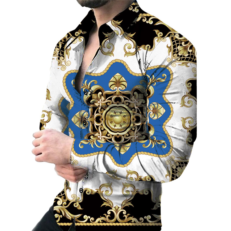 Men's long-sleeved shirt fashion T-shirt 3D printed casual slimming lapel long-sleeved shirt men's thin foreign trade youth shirt European c