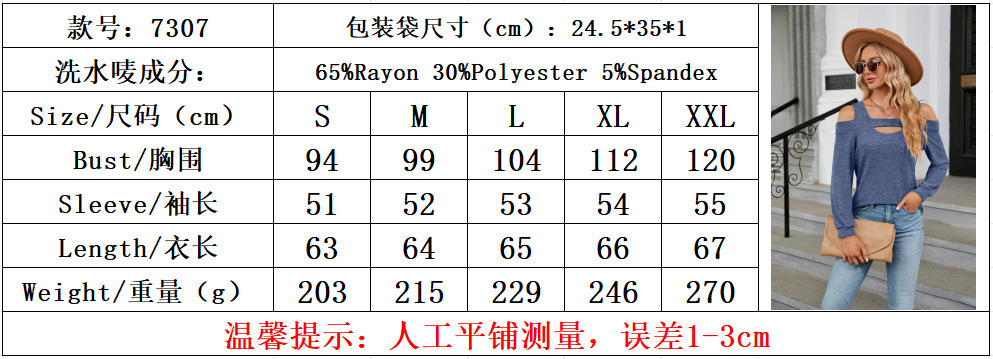 2025 Off-Shoulder Hollow Out Round Neck Solid Color Long Sleeve Loose Top Women's T-Shirt