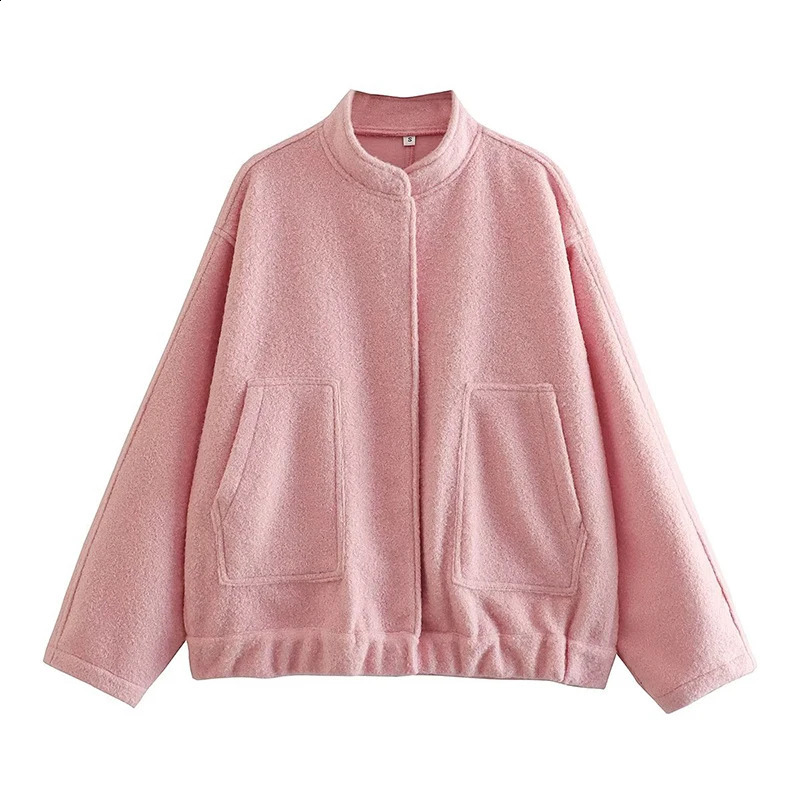 BKLD Casual Fashion Style Womens Pink Fleece Thick Warm Jackets Simple Elegant Stand Collar Long Sleeve Pockets Loose Fit Coats 250805