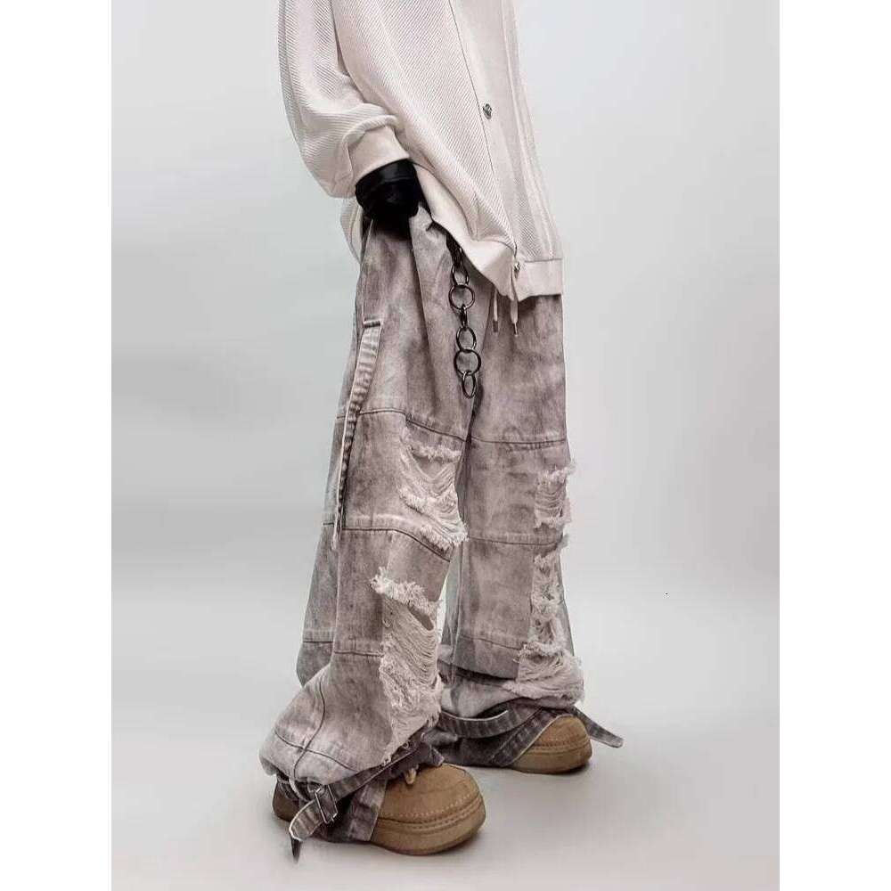2025 Ropa Y2K Grunge Streetwear Vintage Grey Baggy Ripped Jeans Pants For Men Clothing Wide Leg Long Trousers Pantalones Hombre