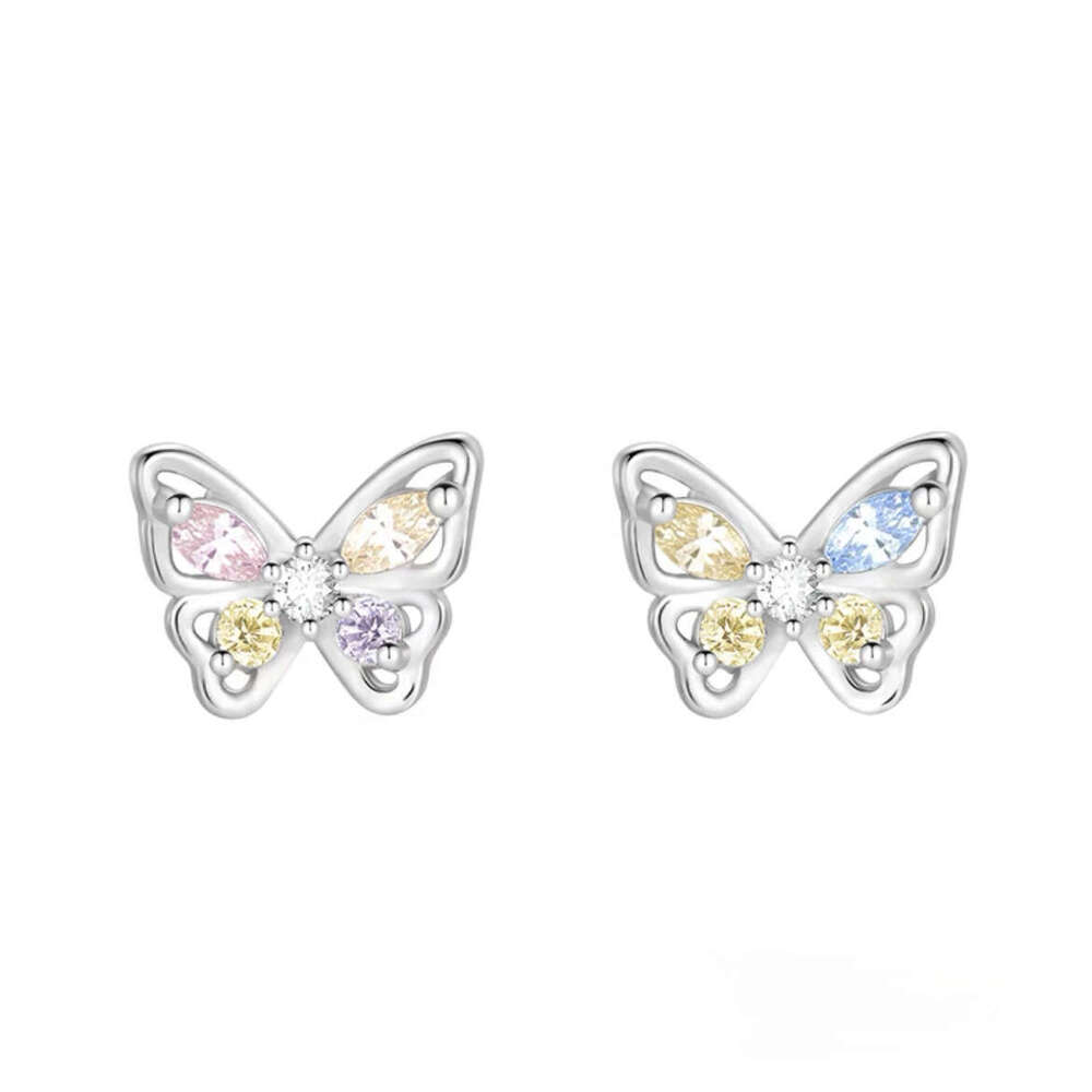 Pure Sier Sweet Pink Blue Hollow Butterfly for Women Exquisite Small Colorful Zircon Earrings Niche Ear Jewelry Trend