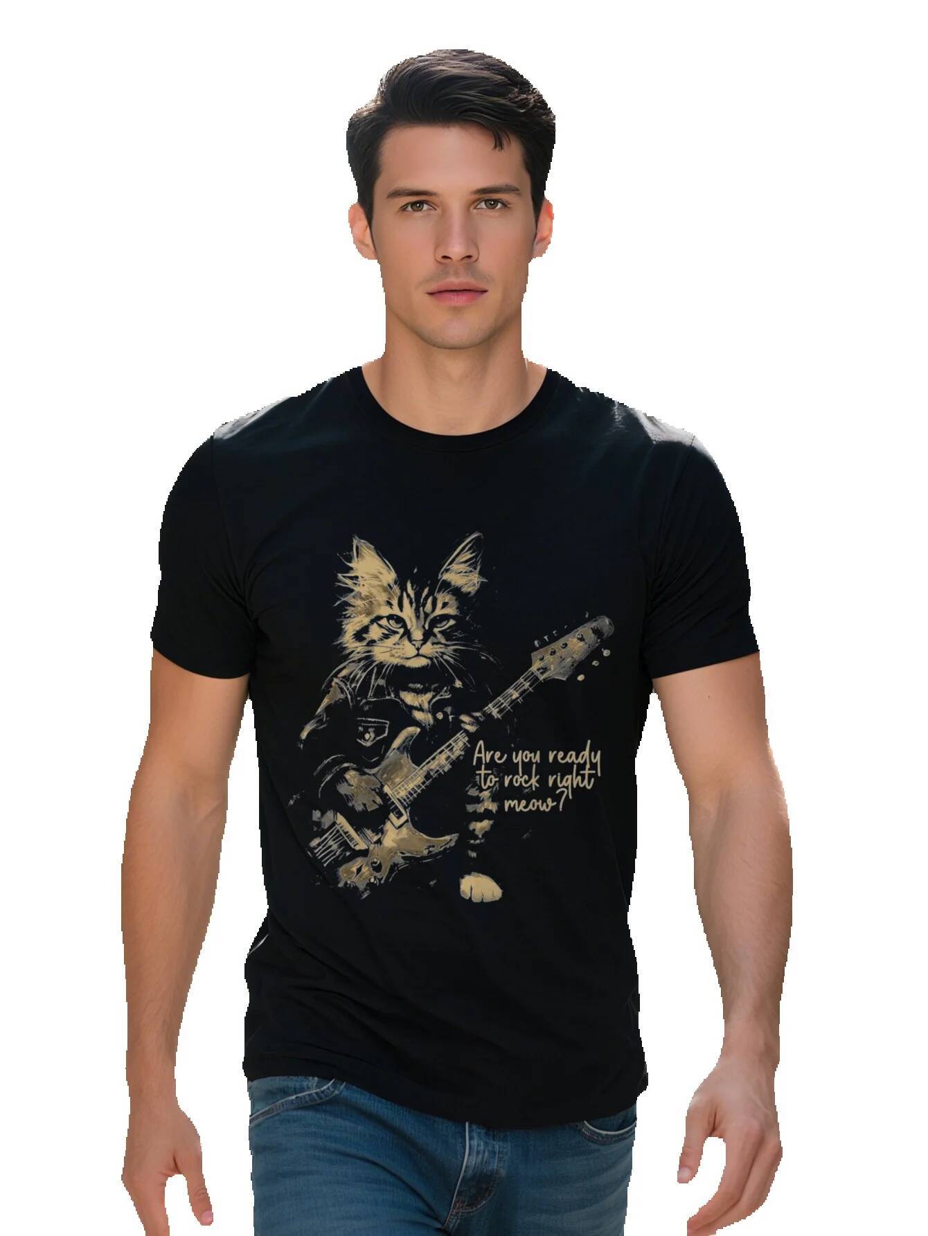 Men S T-shirt g Cotton Are You Ready To Rock Right Meow Vintage Cat Playing Guitar T Shirt 11a22 4d07f