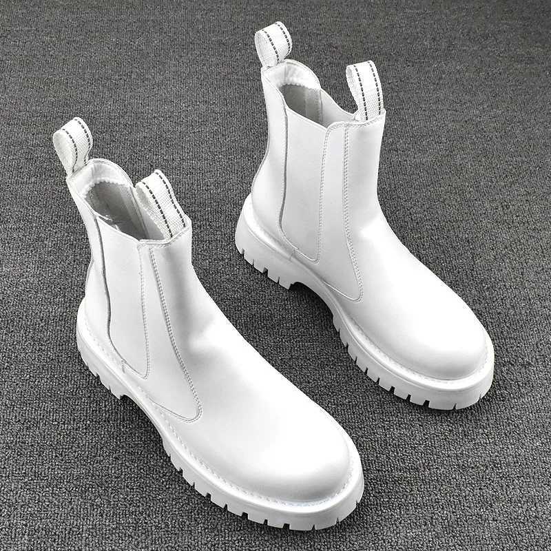 Korean Style Mens Chelsea Boots Black White Casual Shoes Stage Nightclub High Motorcycle Boot Original Leather Platform Botas W250811