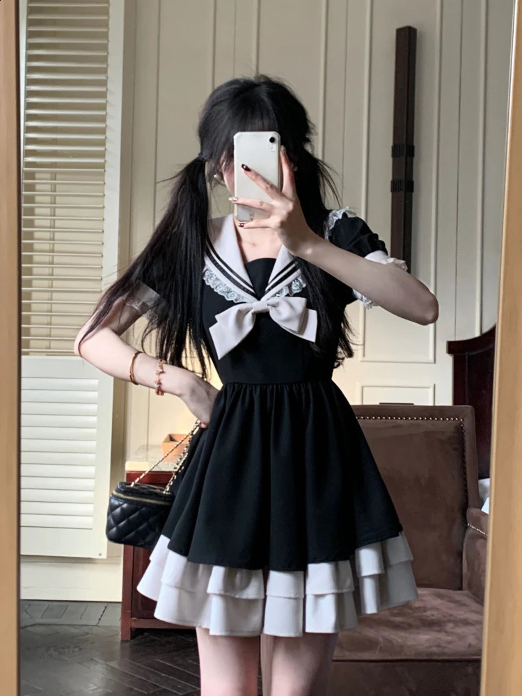 Harajuku Sweet Bow Black Plaid Dresses Allmatch Slim Fit Kawaii Lolita Dress for Women Autumn Long Sleeve Vestidos De Mujer 250806