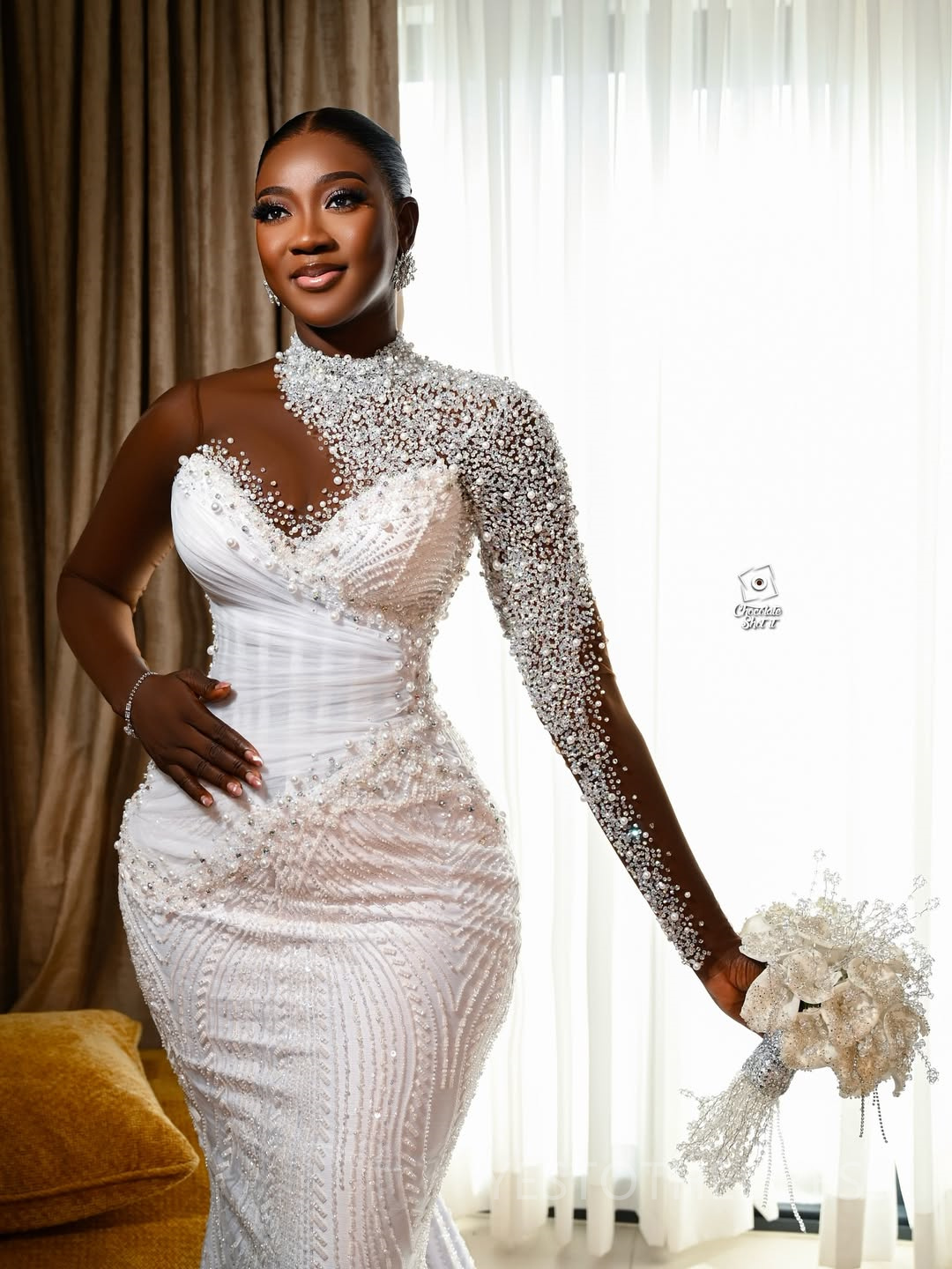 2025 Elegant African Wedding Dress Bridal Gowns For Bride Mermaid High Neck Illusion Long Sleeves Beaded Lace Pearls Ruffles Wedding Gowns For Black W