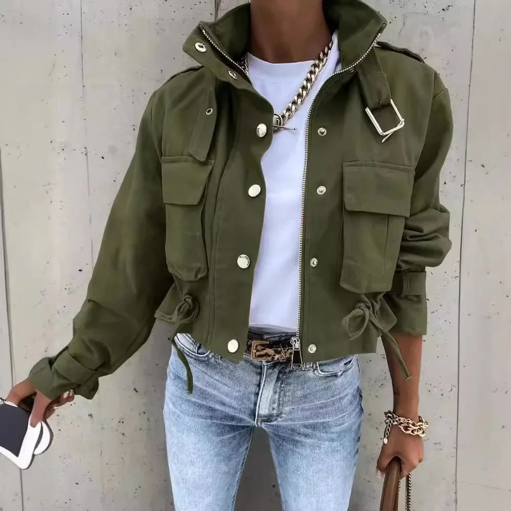Jackets Women Coats Stand Collar Coat Zipper Print Y2k Tops Streetwear Casual Outerwear Single Breasted Spring Work Jacket 250811