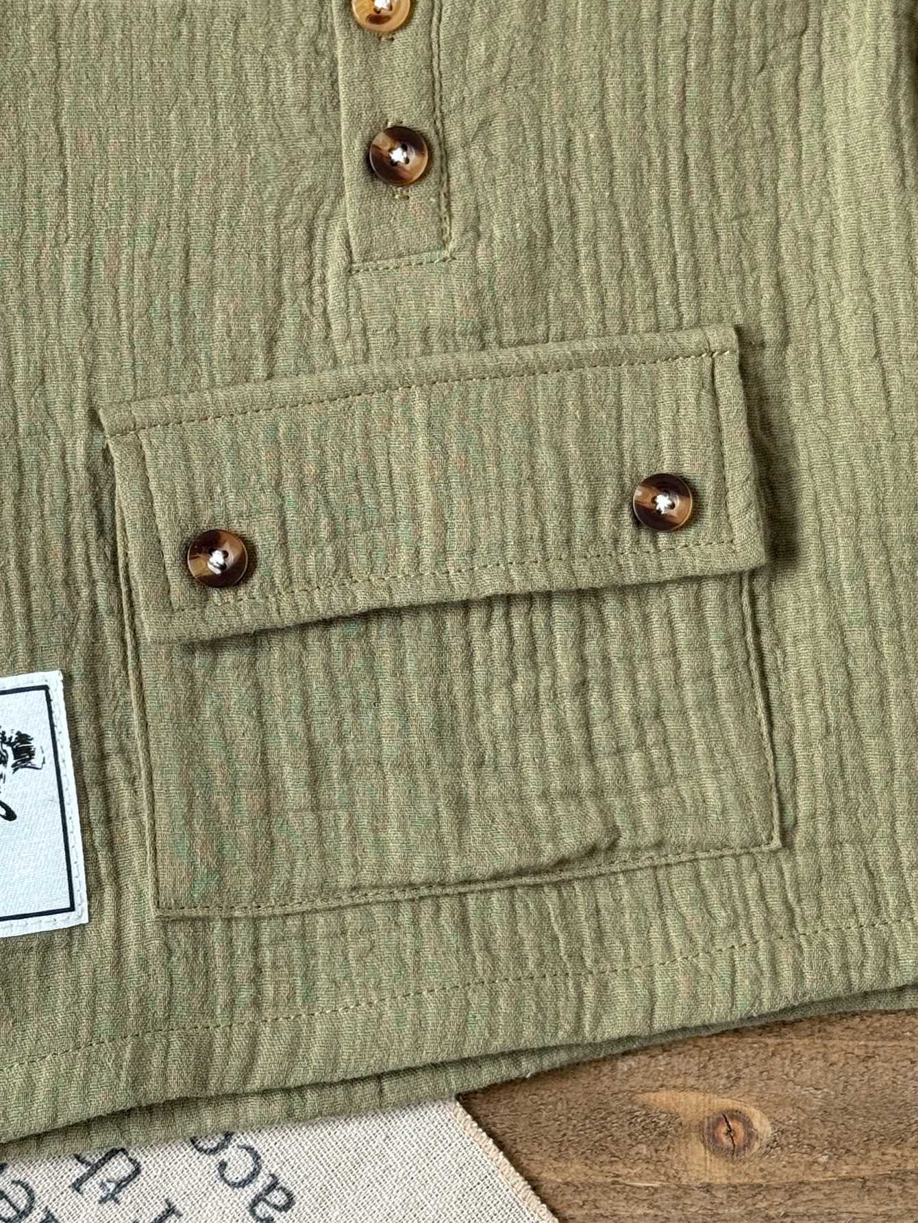 Military Green Baby Boy Summer Cotton And Linen Suit Round Neck Rolled-Sleeve Button-Up Pocket Design T-Shirt And Shorts Set Z250811