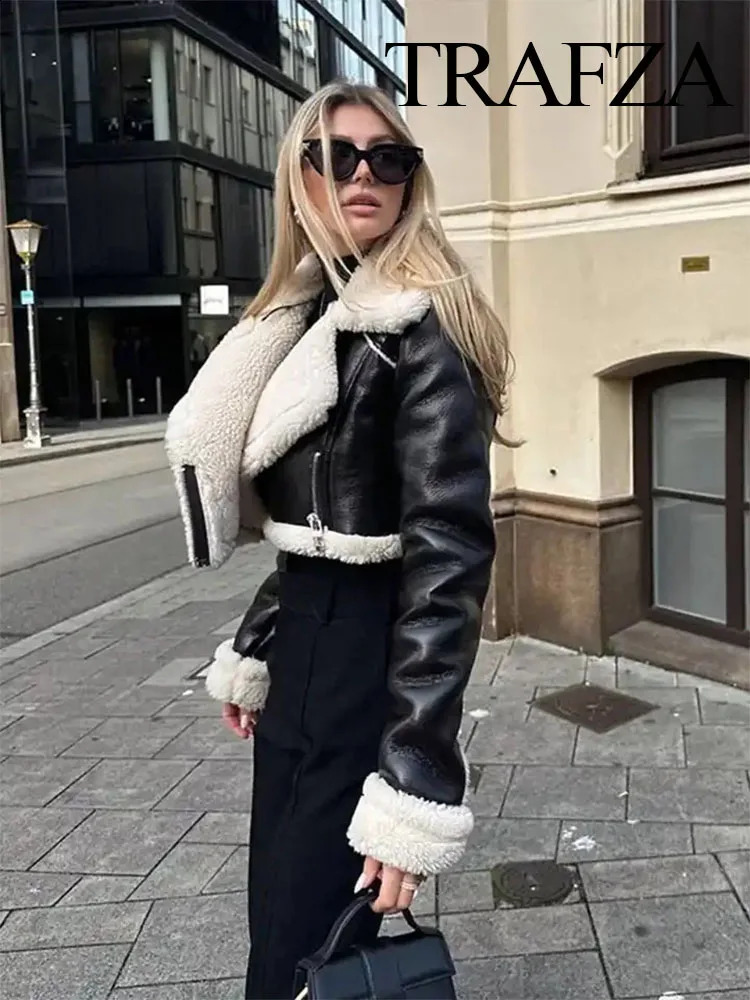 TRAFZA Womens Winter Warm Thick Lapel Lamb Wool Jacket Fashion Solid Color Zipper Jacket Womens Retro Lapel Long Sleeve Jacket 250804
