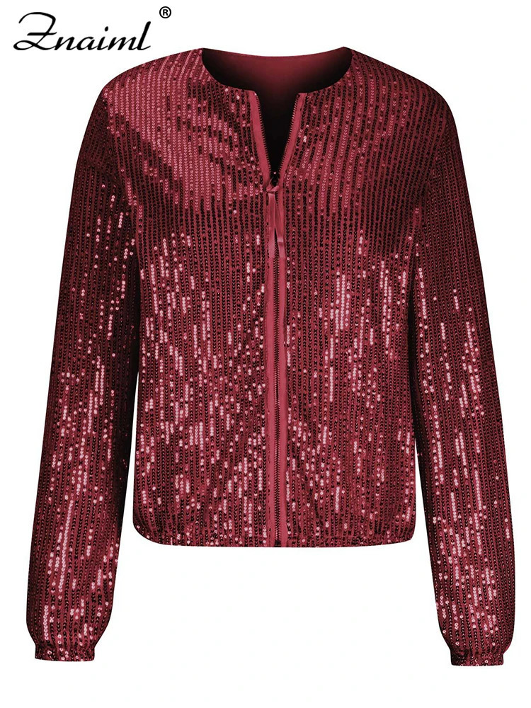 Znaiml Women Sequin Jacket Y2k Harajuku Green Color Zipper Long Sleeve Short Coat Autumn Winter Ladies Night Clubwear 250811