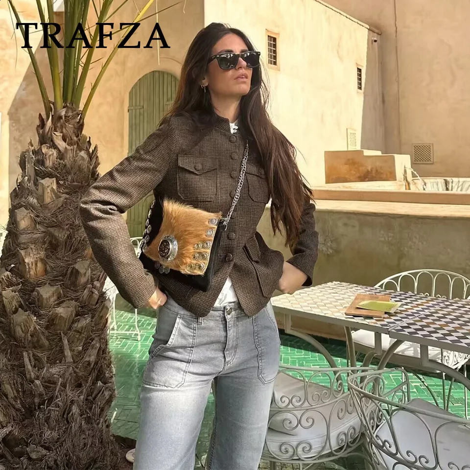 TRAFZA Spring Summer Vintage Houndstooth Women Jackets Fashion Streetwear Single Breasted O Neck Pockets Ladies Jackets 250804