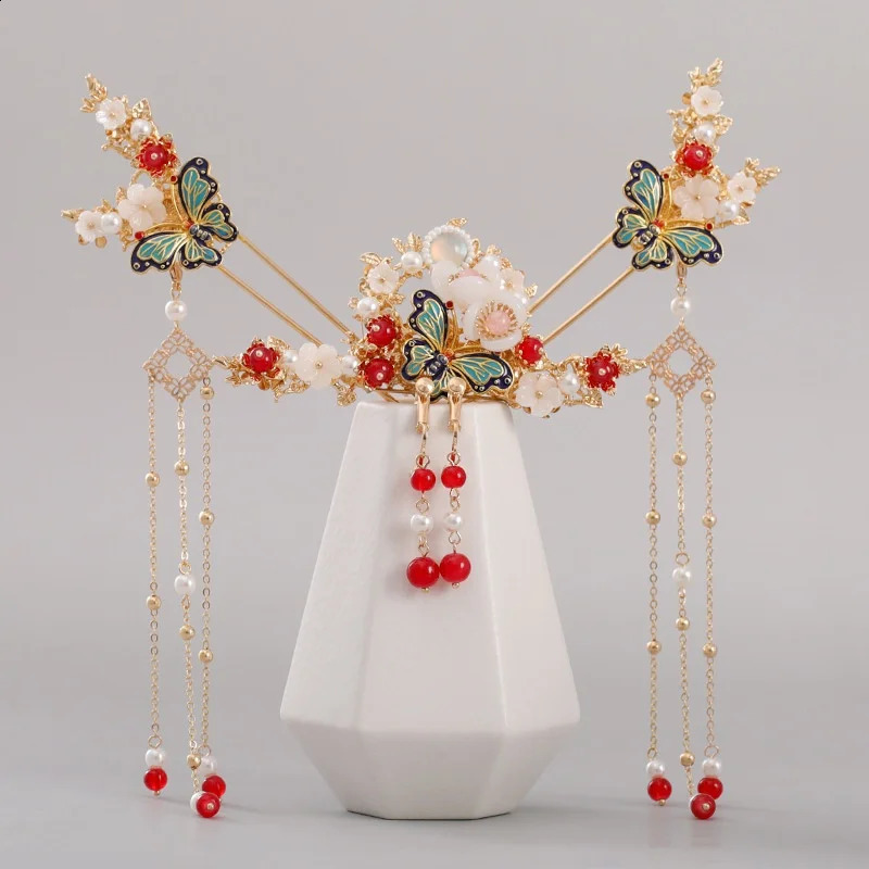 Chinese Long Hair Stick tiara Headpiece Women Accessories Flower Crystal Pearl Pins Handmade Hanfu Jewelry Set 250804