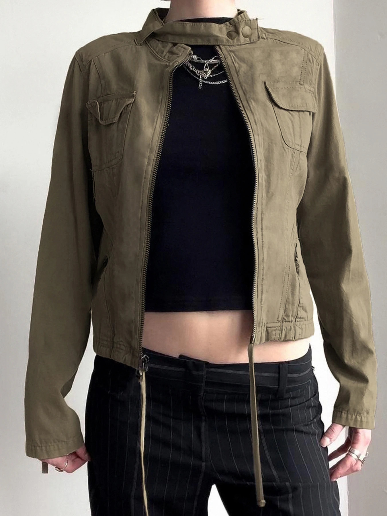 Rockmore Vintage Zip Up Stand Collar Cargo Jacket Women Autumn Harajuku Long Sleeve Streetwear Pockets Drawstring Hem Coats Y2K 250811