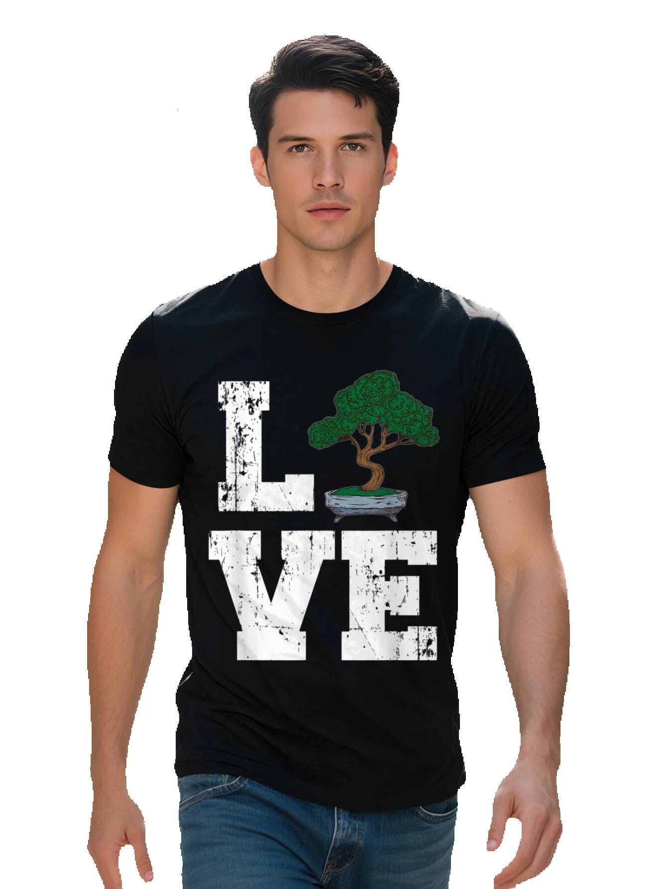 Men s Cotton T Shirt with Fun LOVE Bonsai Tree Design Short Sleeve Round Neck, Washable, Perfect for Casual df656 86222