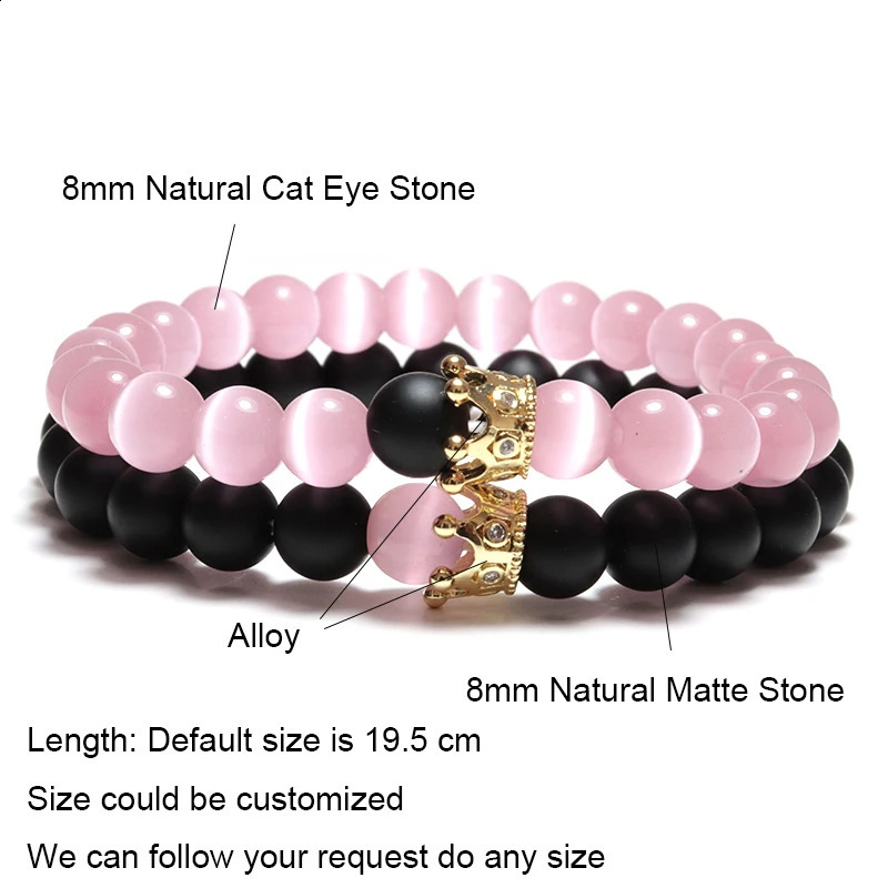 2Pair/Pcs Romantic Couple Bracelet Natural Cat Eye Frosted Stone Beaded Braclet Handmade Elastic Crown Matching Braslet Pulseras 250805