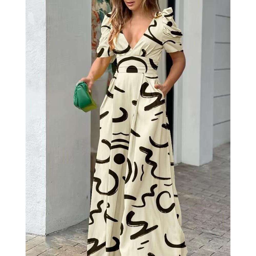 Women's Clothing Spring Fashion Temperament V Neck Waist Short Sleeved Wide Leg Jumpsuit
