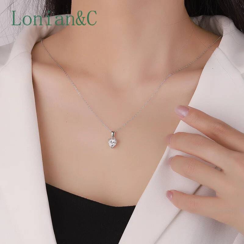 Lonian&C 1CT 2CT Heart Shaped Cut Moissanite Necklace Women Plated White Gold Sterling Sier Pendant Dia Test Pass