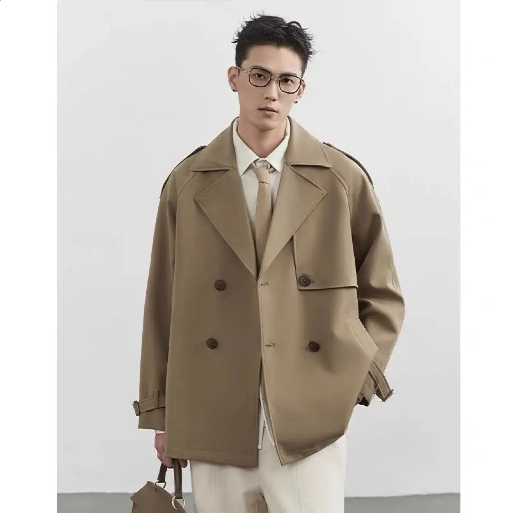 Spring and Autumn Suit Collar Windbreaker Short Coat Men Clothing Korean StyleSolid Color Loose Casual Trench Coat for Men 250805
