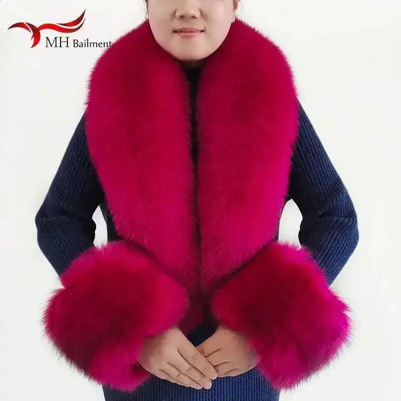 Winter Genuine Fox Fur Scarf Scarves Cuff Set Women Wraps Neck Warmer Furry Shawl Female Coat Fluffy Fur Collar Arm Cover 250808