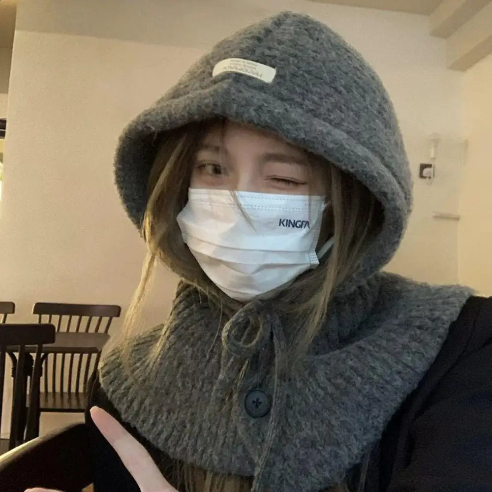 Winter Beanie Hats One-Piece Knit Wool Balaclavas Hooded Caps Korean Style Womens Winter Hood Neck Warmer Cycling Beanies Caps 250808