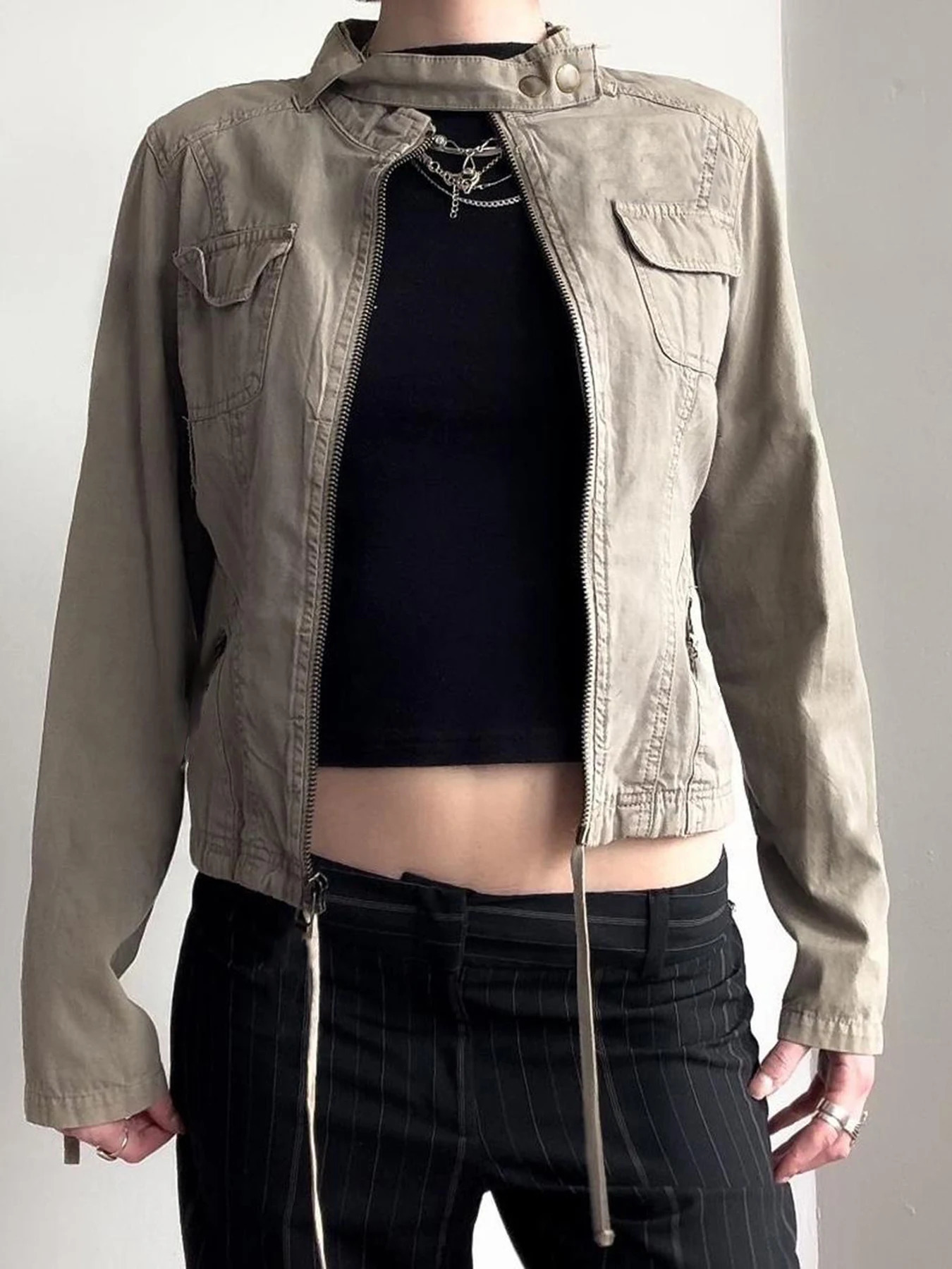 IAMSURE Safari Style Big Pockets Zipper Jackets Casual Solid Turtleneck Long Sleeve Coats Women 2 Autumn Winter Fashion Lady 250811